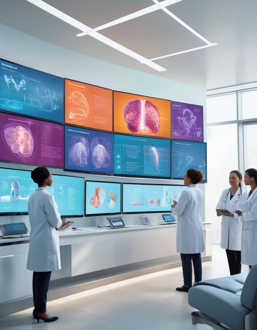 An illustration of a diverse group of healthcare professionals interacting with patients via large screens in a modern, tech-savvy clinic. Display futuristic telehealth gadgets and patient-centered visuals, highlighting digital charts and data analytics in the background. Emphasize a sense of connectivity and care, with vibrant colors and a clean, inviting space. super-realistic. vibrant colors. 3D.
