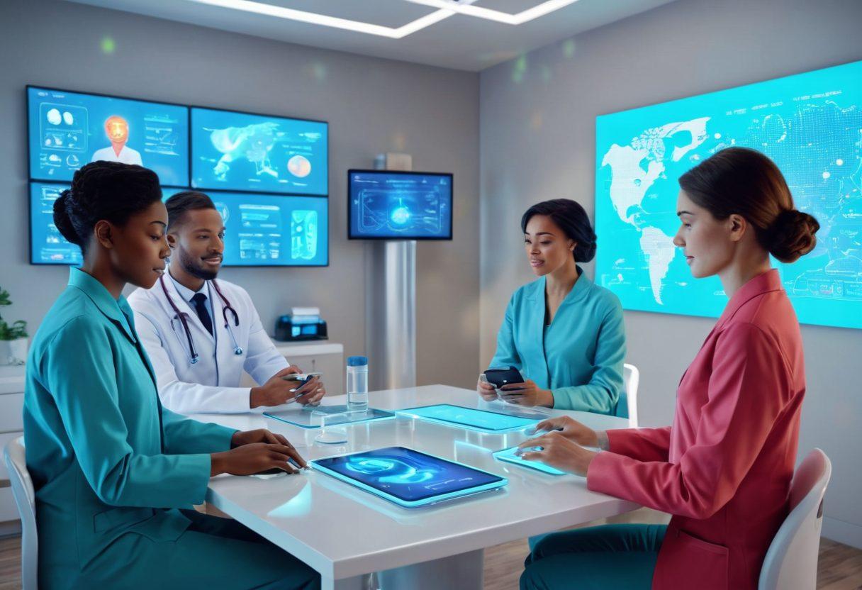 A futuristic healthcare setting featuring a glowing digital interface with holographic health data, a diverse group of relaxed individuals engaging with virtual health resources on their devices, and a serene environment promoting wellness, highlighted by vibrant colors and advanced technology elements. super-realistic. vibrant colors. 3D.