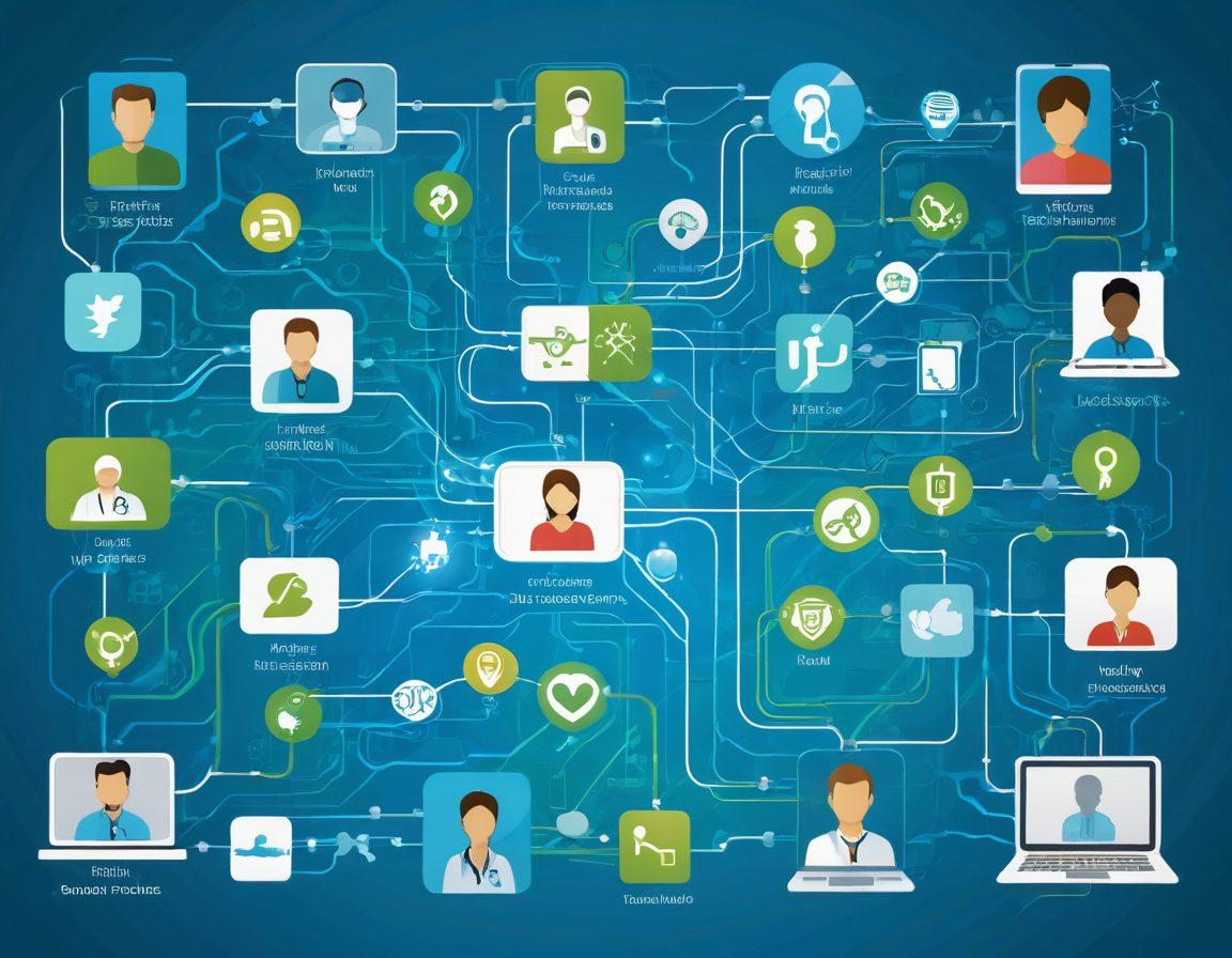 A dynamic digital landscape showcasing various virtual health resources: vibrant icons of telemedicine, health apps, and online forums interconnected by glowing lines. In the background, a diverse group of people using devices, symbolizing connectivity and access to information. The scene is filled with bright blues and greens to signify health and technology. modern infographic style. vibrant colors. white background.
